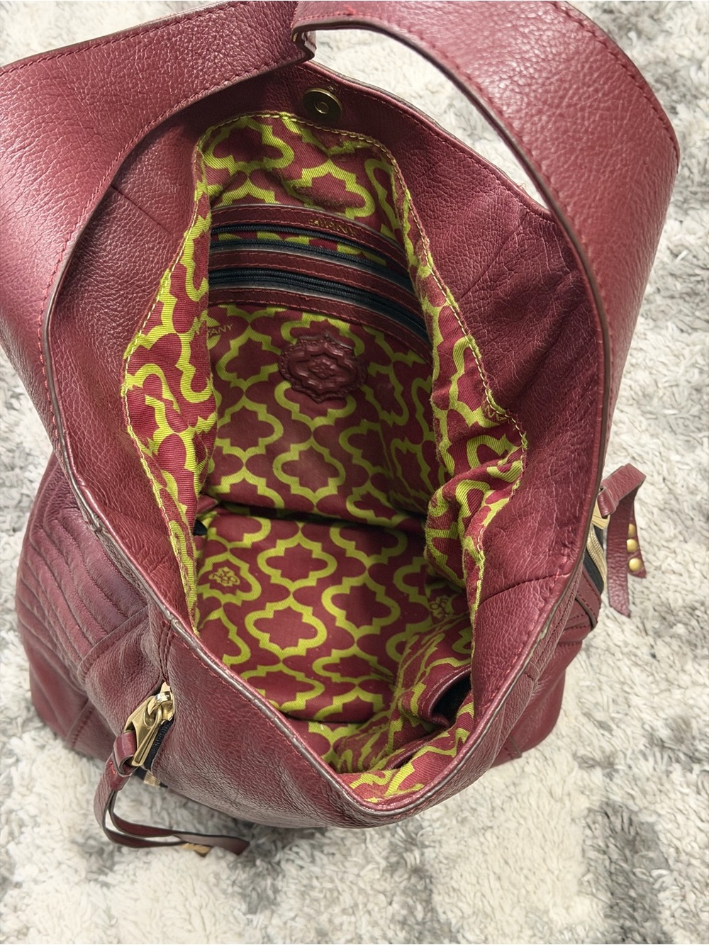 Oryany Burgundy Leather Hobo Shoulder Bag Chevron Stitch + Dust Bag - Picture 5 of 15